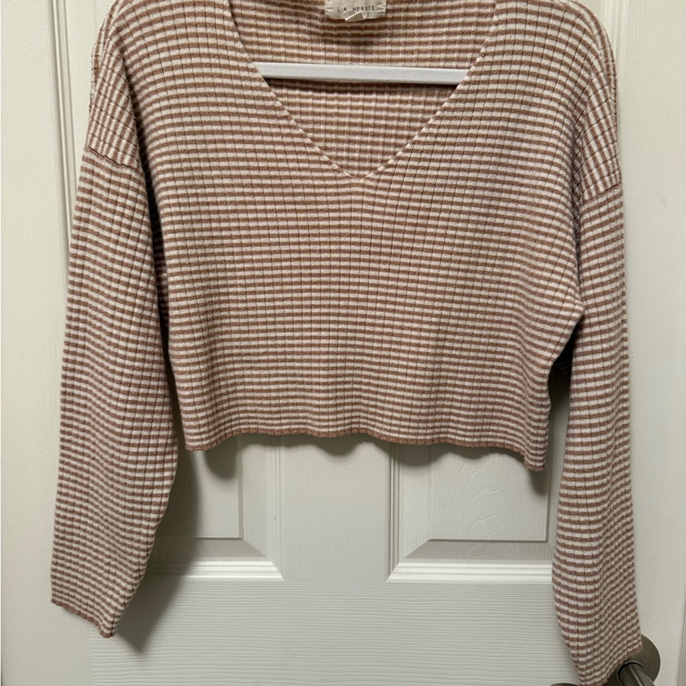 La Hearts Plaid Knit Top in Brown and Cream